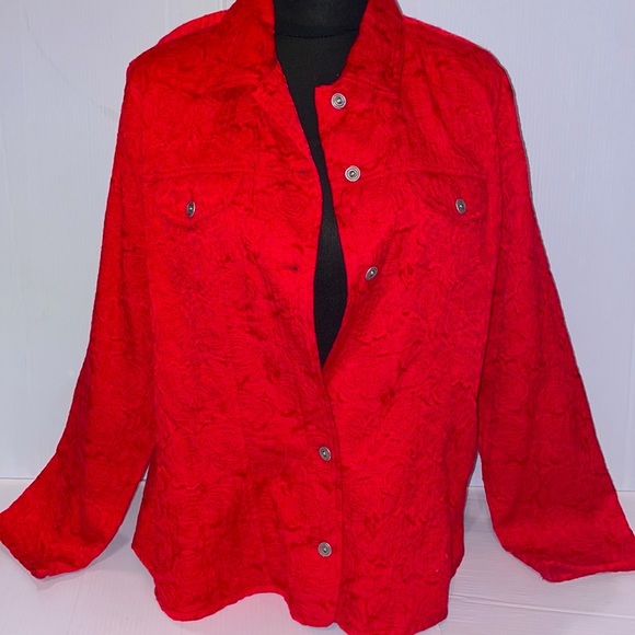 Chico’s Red Jacquard  Jacket / Top Excellent Women’s size 3 ( fits 16 ) - Picture 12 of 12